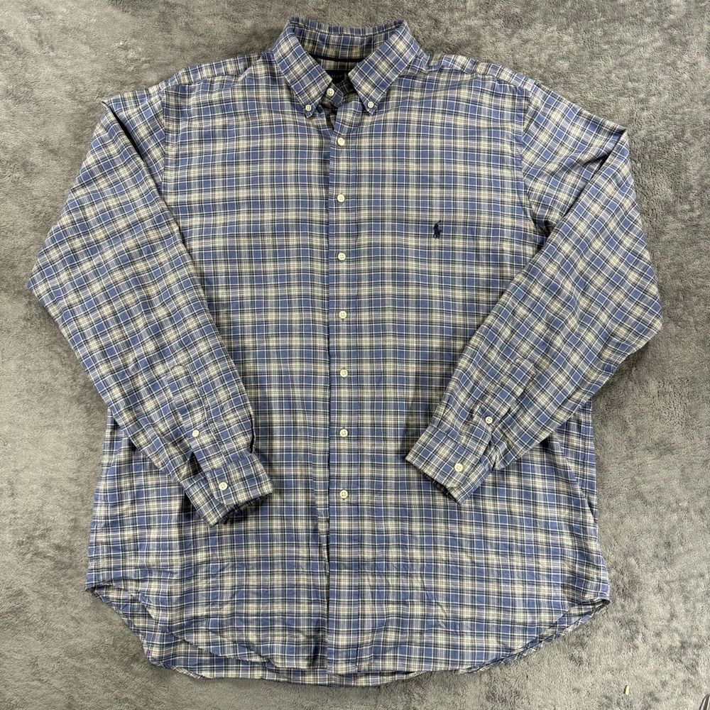 Ralph Lauren Blue Plaid Button-Down Long Sleeve Shirt XLT Blue Cream Navy - Picture 2 of 4